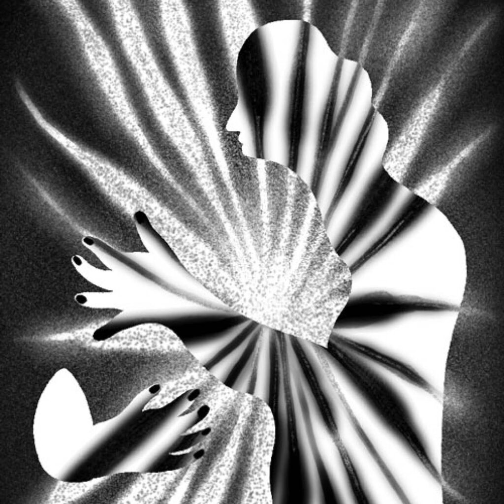 An illustration by Natàlia Pàmies Luís for Pamela Mulloy’s July/August 2026 review of “Radiant. White. Light,” by Mo Duffy.
