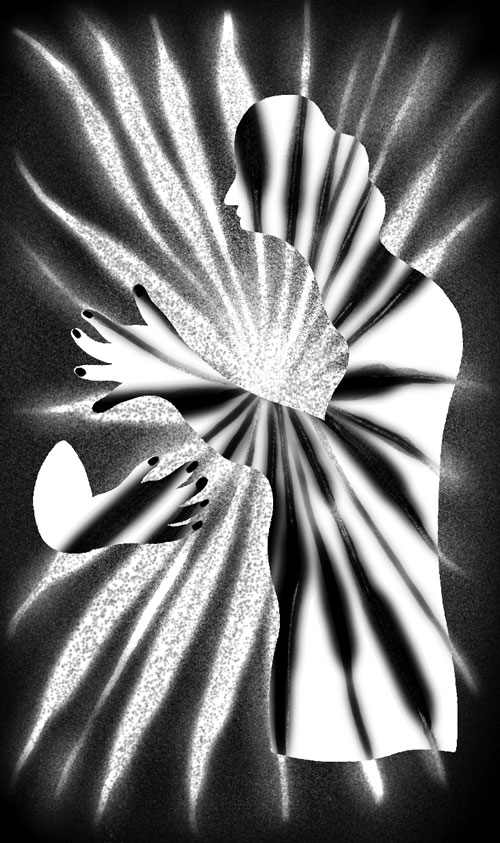 An illustration by Natàlia Pàmies Luís for Pamela Mulloy’s July/August 2026 review of “Radiant. White. Light,” by Mo Duffy.