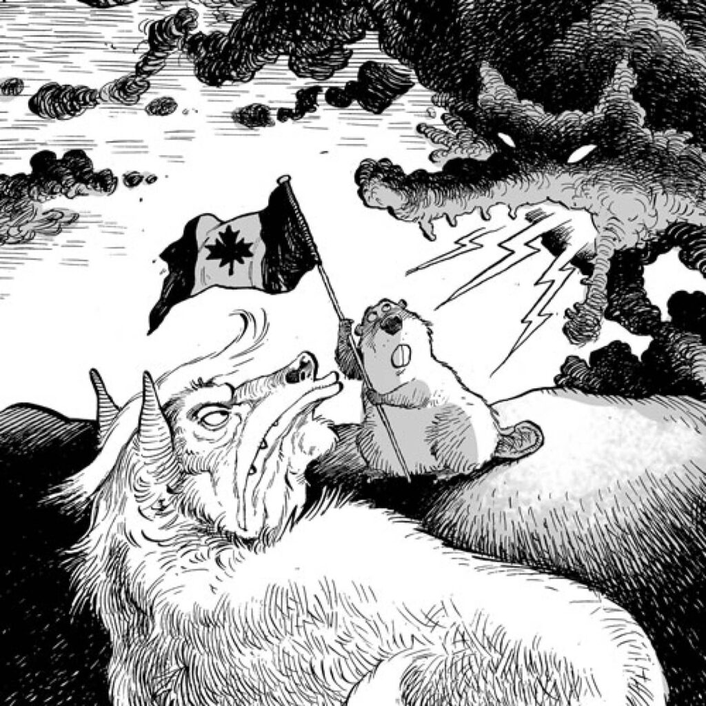 An illustration by David Parkins for Bruce K. Ward’s July/August 2026 review of “Ecological Nation,” by Byron Williston.