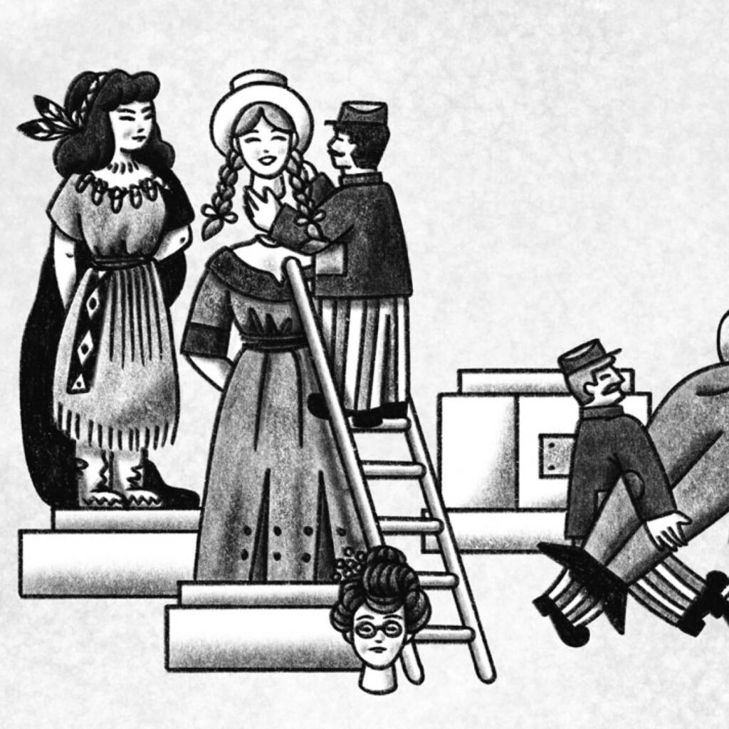An illustration by Gwendoline Le Cunff for Caroline Noël’s September 2026 review of “Literary Life After Death: Commemorations of Writers in English-Speaking Canada,” by Carole Gerson.
