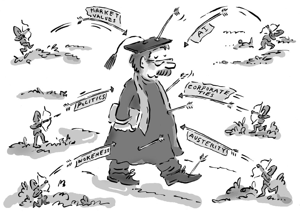 An illustration by Scot Ritchie for Spencer Morrison’s September 2026 review of “What Could a University Be?” by Robert B. Gibbs and “Knowledge Under Siege,” edited by Marc Spooner and James McNinch.