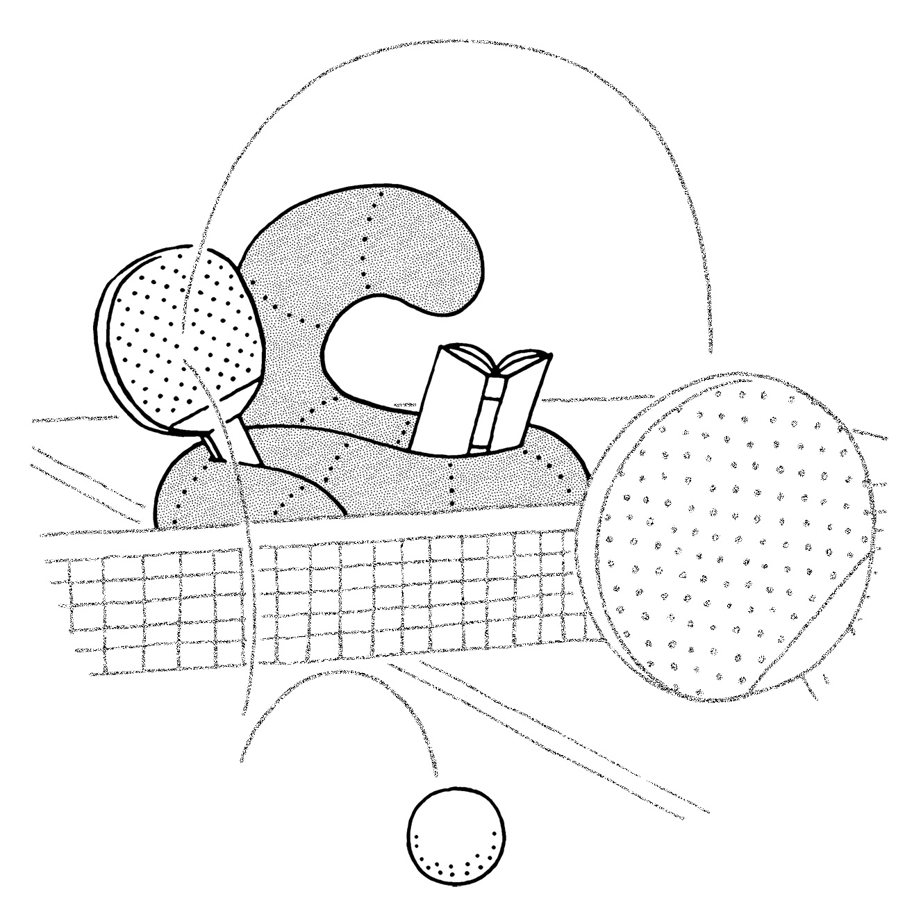 Bookworm, no. 159 homepage image. Worm reading a book while playing pingpong.