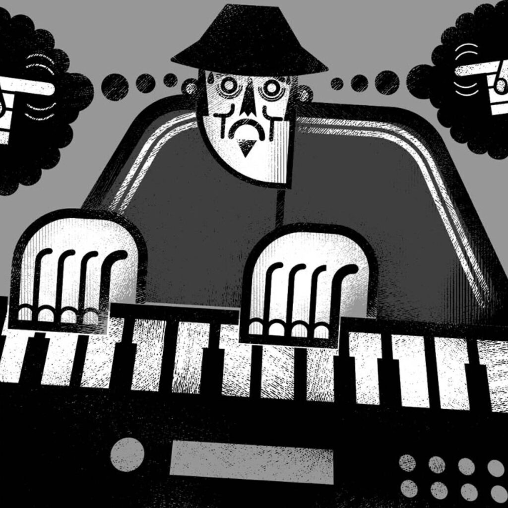 An illustration by Matthew Daley for John Casey’s September 2026 review of “The Guilt Trippers,” by Philippe Mineau.