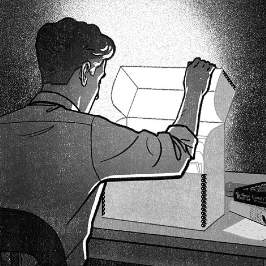 : An illustration by Jori Bolton for Rod Moody-Corbett’s September 2026 essay, “Mordecai’s Versions.”
