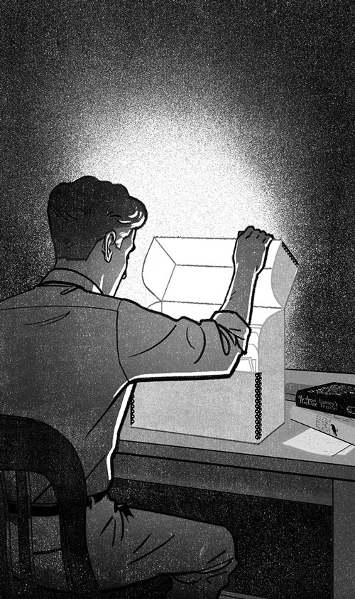 An illustration by Jori Bolton for Rod Moody-Corbett’s September 2026 essay, “Mordecai’s Versions.”