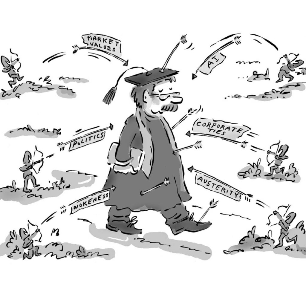 An illustration by Scot Ritchie for Spencer Morrison’s September 2026 review of “What Could a University Be?” by Robert B. Gibbs and “Knowledge Under Siege,” edited by Marc Spooner and James McNinch.