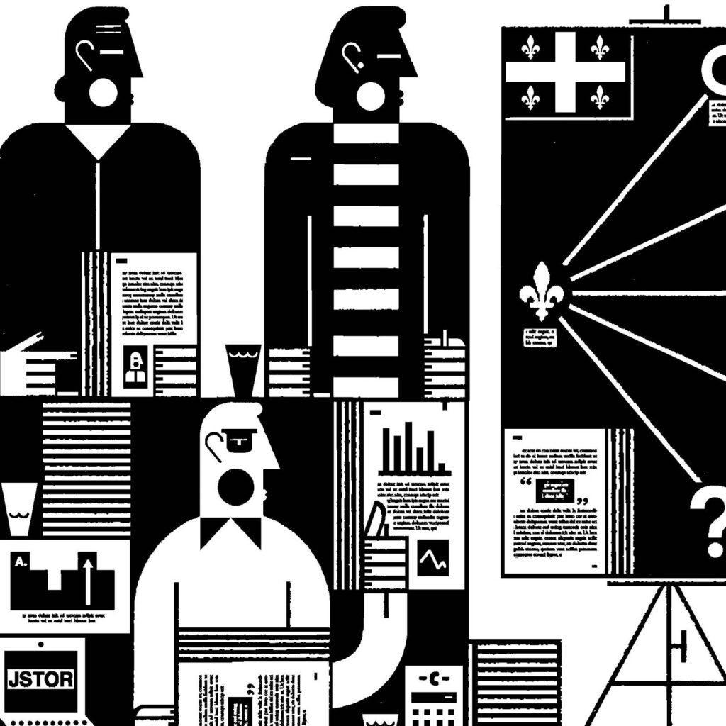 An illustration by Raymond Biesinger for Graham Fraser’s October 2026 review of “Une décennie de turbulences électorales au Québec review (2012-2022),” by Richard Nadeau, Jean-François Daoust, Éric Bélanger, and Ruth Dassonneville.