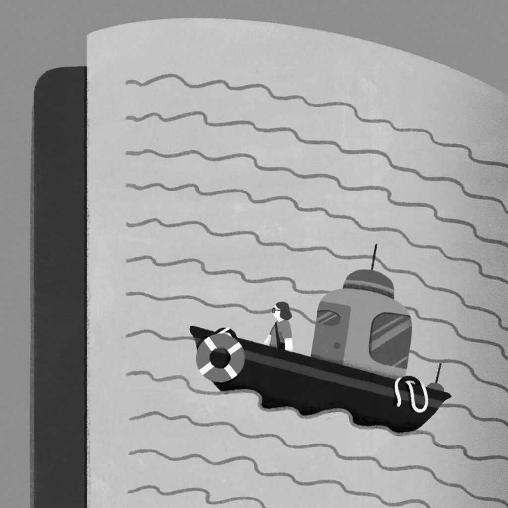 An illustration by Paige Stampatori for Keith Garebian’s October 2026 review of “Ground to Stand On: A Canadian Literary Life,” by Sandra Djwa.