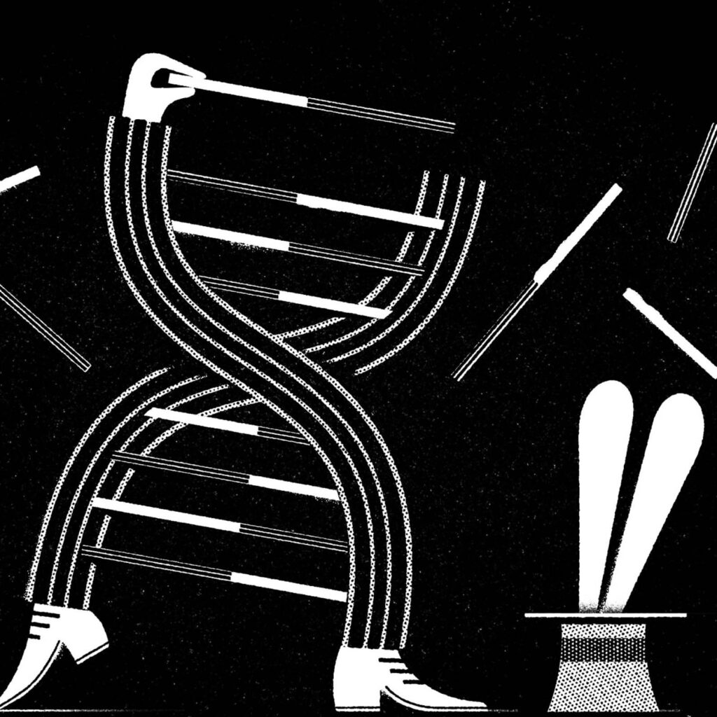 An illustration by Karsten Petrat for Alison Motluk’s October 2026 review of “Beyond Inheritance: Our Ever-Mutating Cells and a New Understanding of Health,” by Roxanne Khamsi.