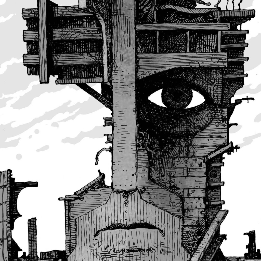 An illustration by David Parkins for John Geddes October 2026 review of “Edward Burtynsky: The Biography,” by James King.