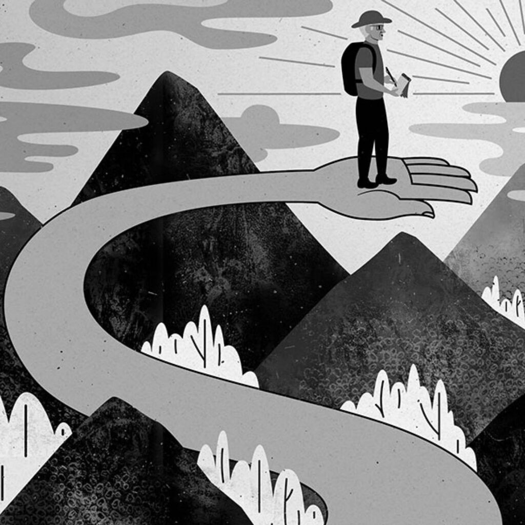 An illustration by Blair Kelly for J.R. Patterson’s October 2026 reviews of “True North,” by Paul Theroux and “Geography of Heaven,” by Rory MacLean.