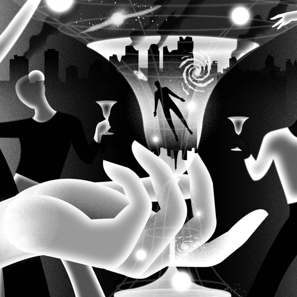An illustration by Neil Webb for Tomas Hachard’s October 2026 review of “Exit Party,” by Emily St. John Mandel.