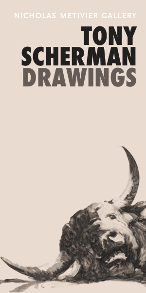 Nicholas Metivier Gallery's advertisement for its Tony Scherman Drawings exhibit and book, on view now through October 9th, 2026. Publication now available with an essay by Ihor Holubizsky. Gallery located at 109 Richmond Street East, Toronto, Ontario.