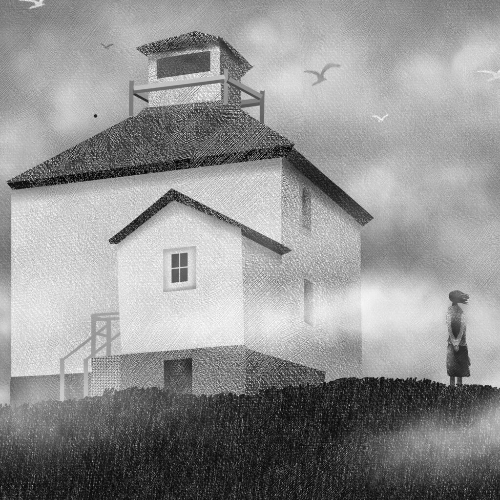 An illustration by Dave Cutler for Suzanne Stewart’s October 2026 essay “Down Lighthouse Road.”