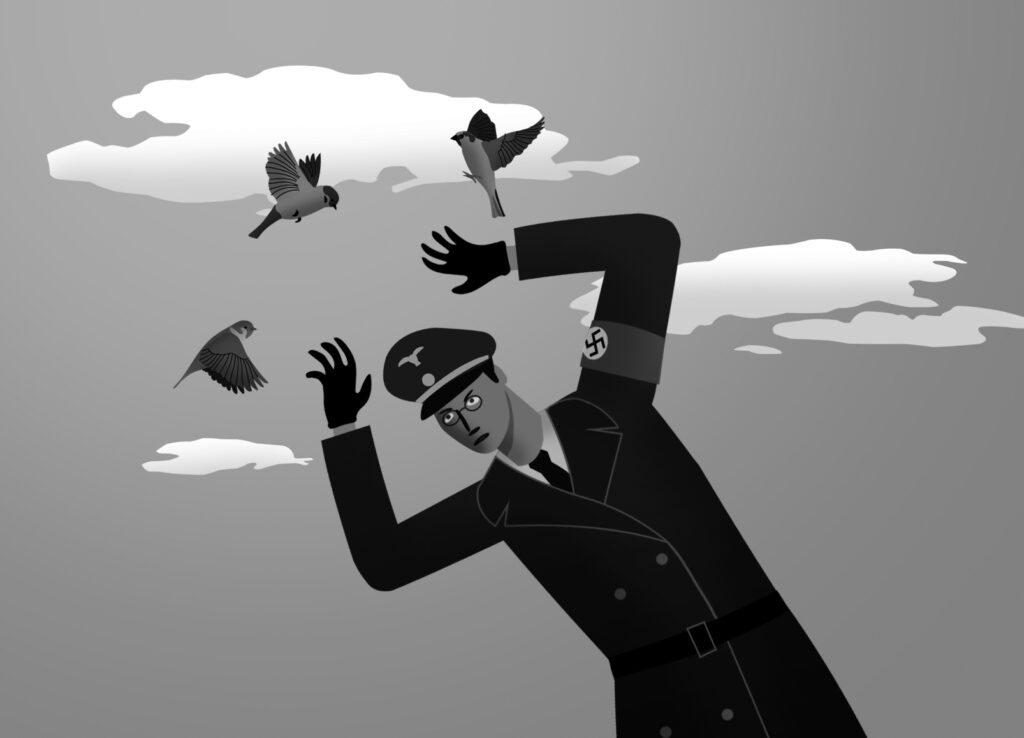 An illustration by Nick Lowndes for David Marks Shribman’s November 2026 review of “Operation Sparrow” by Jason Bell.