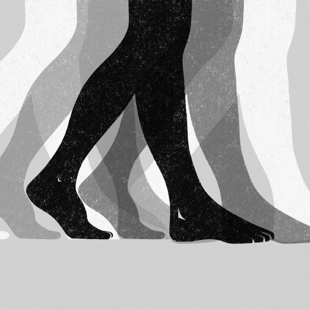 An illustration by Diana Bolton for Bronwyn Averett’s November 2026 review of “Women, Walking,” edited by Zahra Ebrahim and Jane Farrow.
