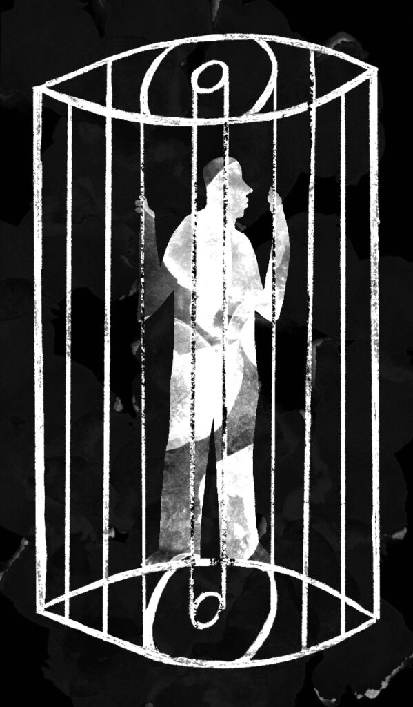 An illustration by Natàlia Pàmies Lluís for Maria Cichosz’s November 2026 review of “What Would You Do Alone in a Cage with Nothing but Cocaine?” by Hanna Pickard.