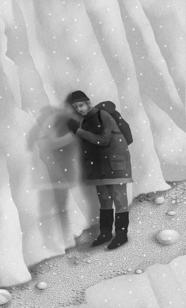 An illustration by Dave Cutler for Sophia Ohler’s November 2026 review of “A Glacier’s Guide to Dying,” by Michelle Porter.