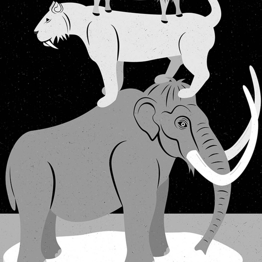 An illustration by Blair Kelly for Dan Falk’s November 2026 review of “Animal Diaspora,” by Edward Struzik.